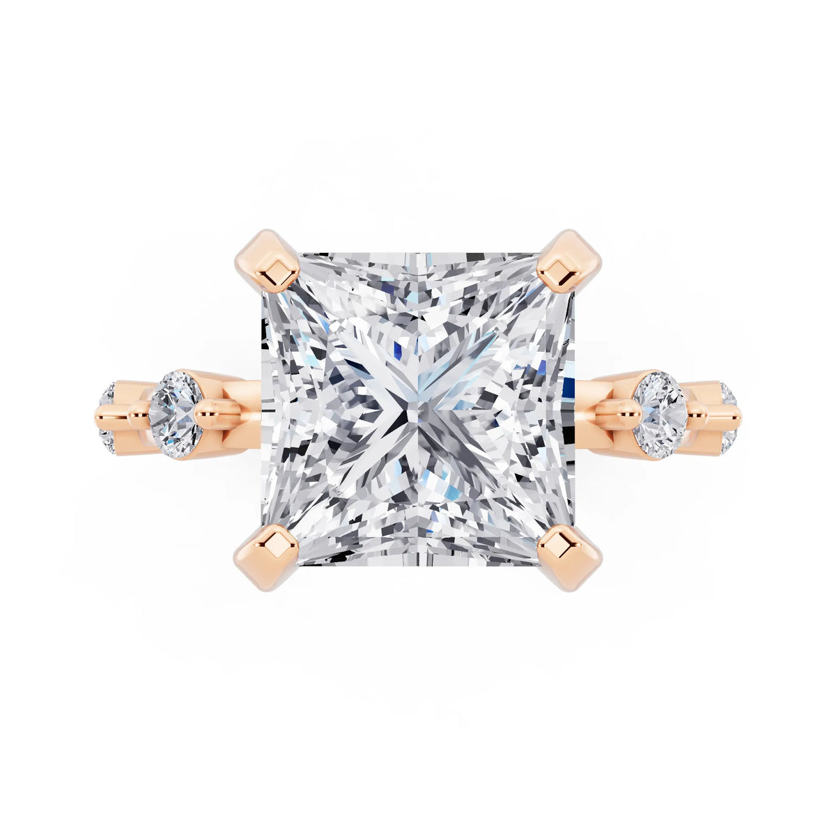 18 KT Rose Gold Princess Cut Diamond Solitaire Ring with Floating Diamond Accents - top angle
