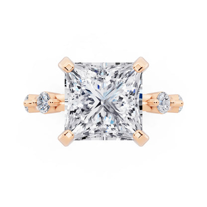 18 KT Rose Gold Princess Cut Diamond Solitaire Ring with Floating Diamond Accents - top angle