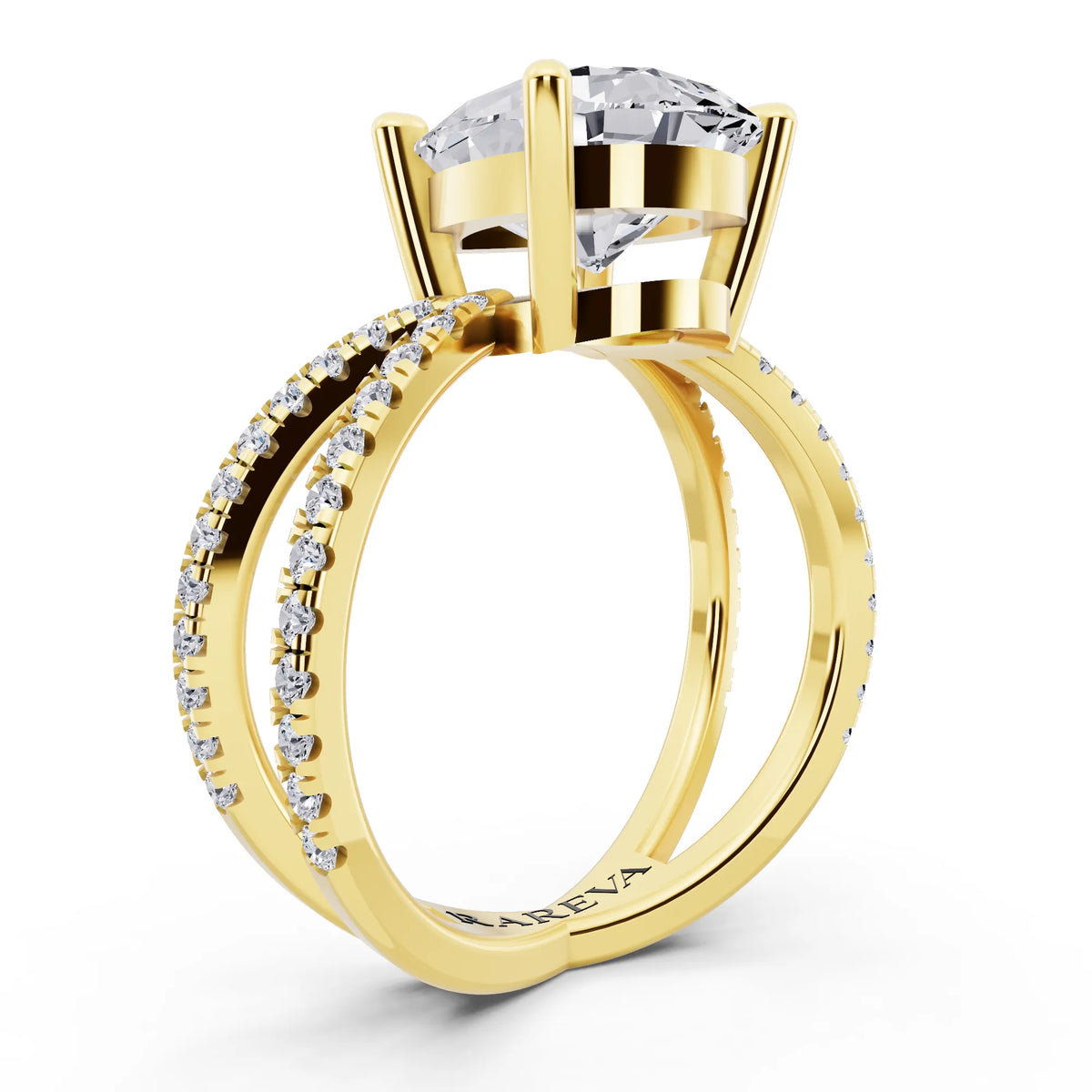 18 KT Yellow Gold Pear Cut Diamond Ring with Twisted Split Shank - top view