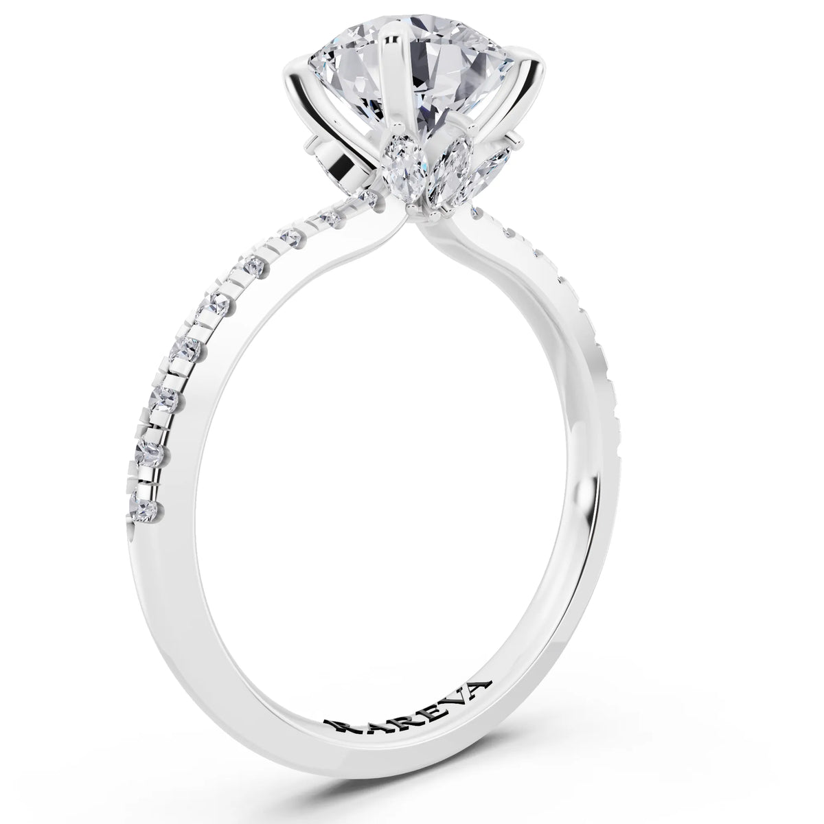 18 KT White Gold Round Cut Diamond Solitaire Ring with Marquise Collar - top view