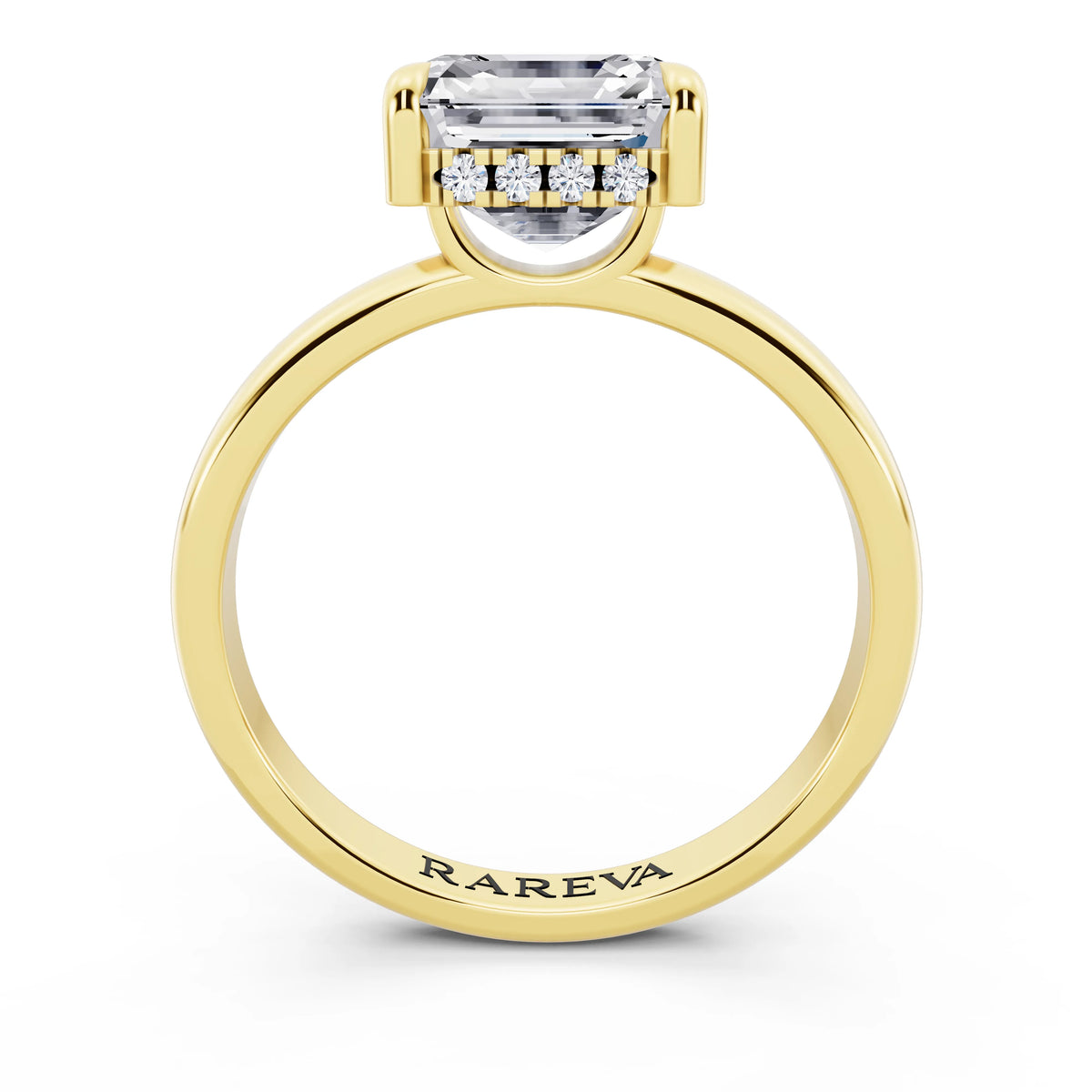 18 KT Yellow Gold Asscher Cut Diamond Solitaire Ring with Hidden Halo - through finger