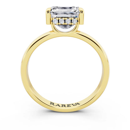 18 KT Yellow Gold Asscher Cut Diamond Solitaire Ring with Hidden Halo - through finger