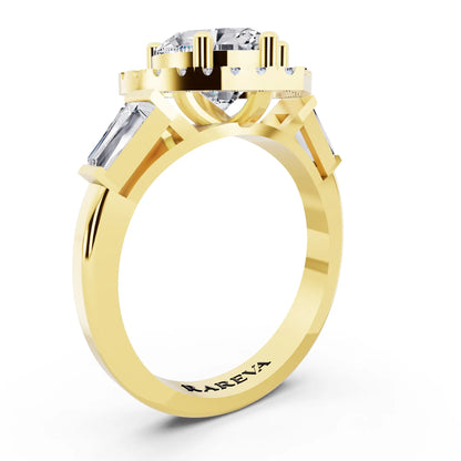 18 KT Yellow Gold Heart Cut Diamond Halo Ring with Baguette Accents - top view
