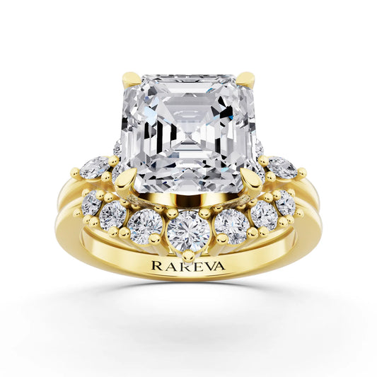 14 KT Yellow Gold Asscher Cut Diamond Ring with Curved Cluster Band - front view