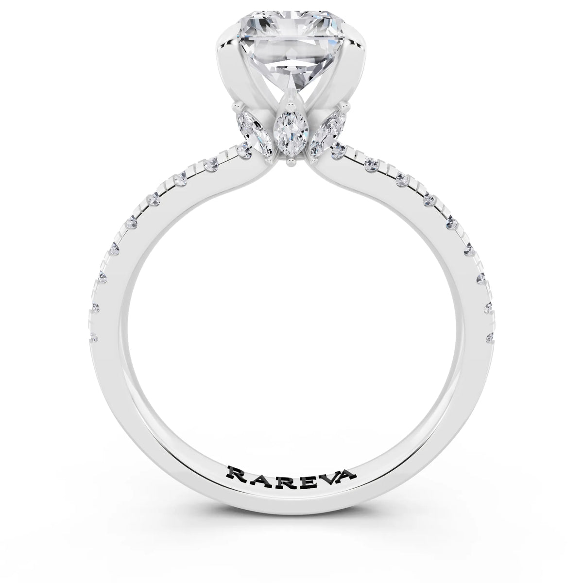 Platinum Radiant Cut Diamond Solitaire Ring with Marquise Collar - through finger