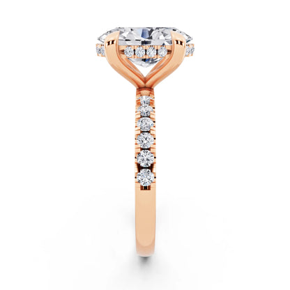 14 KT Rose Gold Oval Cut Diamond Solitaire Ring with Round Pavé Band and Prong Setting - side view