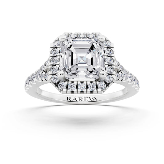 18 KT White Gold Asscher Cut Diamond Halo Ring with Split Shank - front view