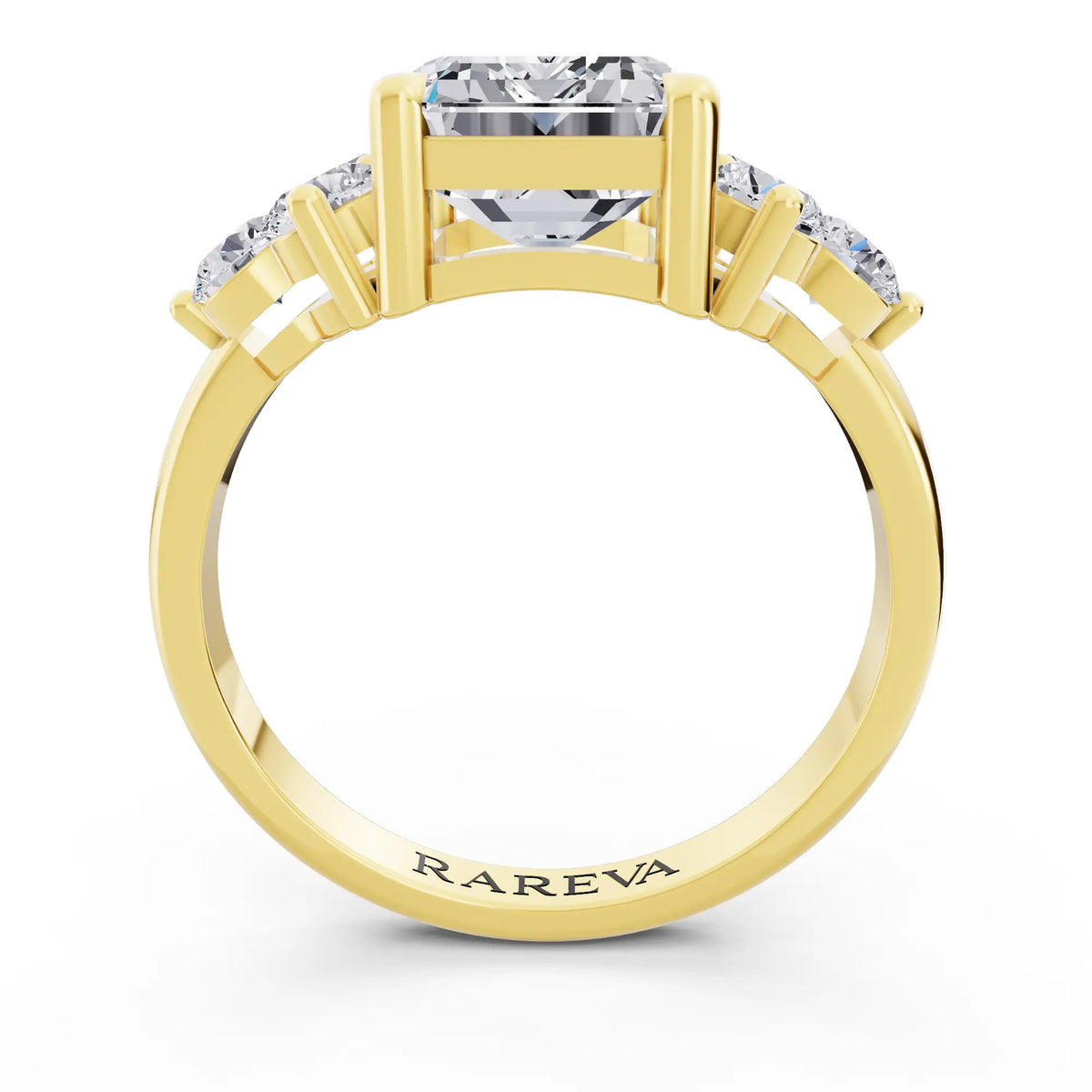 14 KT Yellow Gold Emerald Cut Diamond Cluster Ring with Round Accents - Through