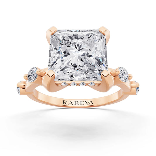 14 KT Rose Gold Princess Cut Diamond Solitaire Ring with Floating Diamond Accents - front view