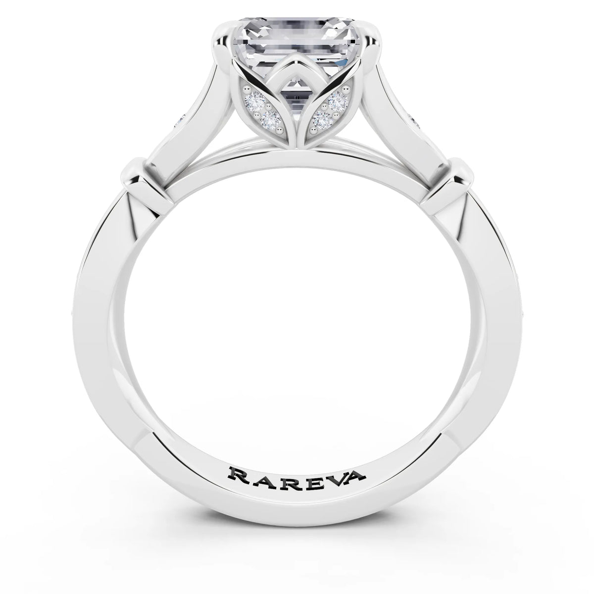 18 KT White Gold Asscher Cut Diamond Ring with Lotus Collar - through finger