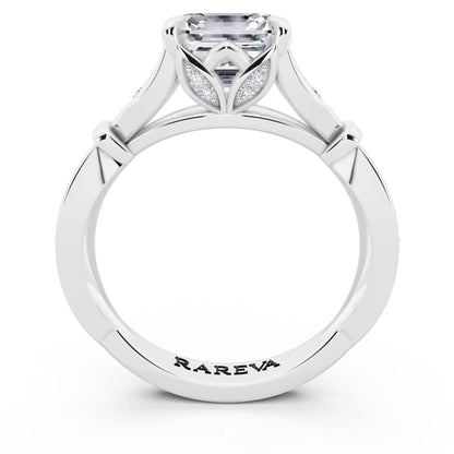 18 KT White Gold Asscher Cut Diamond Ring with Lotus Collar - through finger