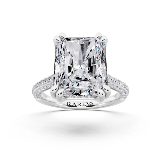 Platinum Radiant Cut Diamond Hidden Halo Double Claw Pave Band Ring - front view