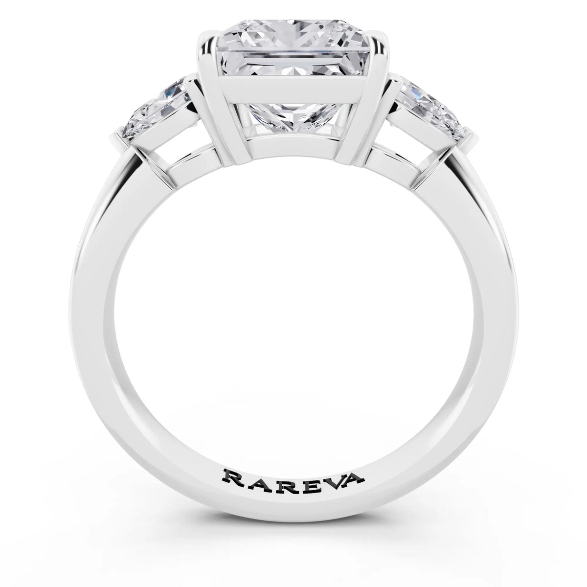 18 KT White Gold Princess Cut Diamond Three Stone Pear Accent Ring - through finger