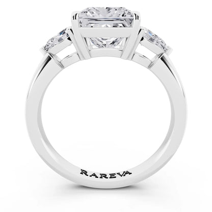 18 KT White Gold Princess Cut Diamond Three Stone Pear Accent Ring - through finger