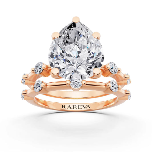18 KT Rose Gold Pear Cut Diamond Ring with Floating Accent Band - front view