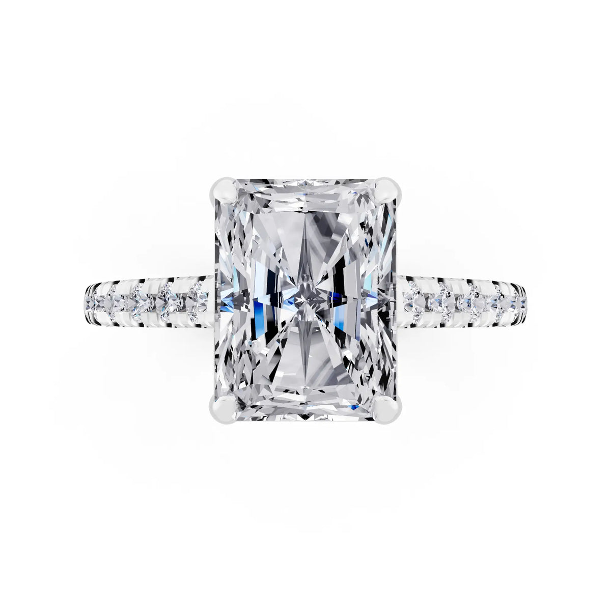 18 KT White Gold Radiant Cut Diamond Claw Prong Solitaire Ring with French Pave Band - top angle
