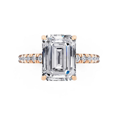 14 KT Rose Gold Emerald Cut Diamond Solitaire Ring with Marquise Collar - top angle