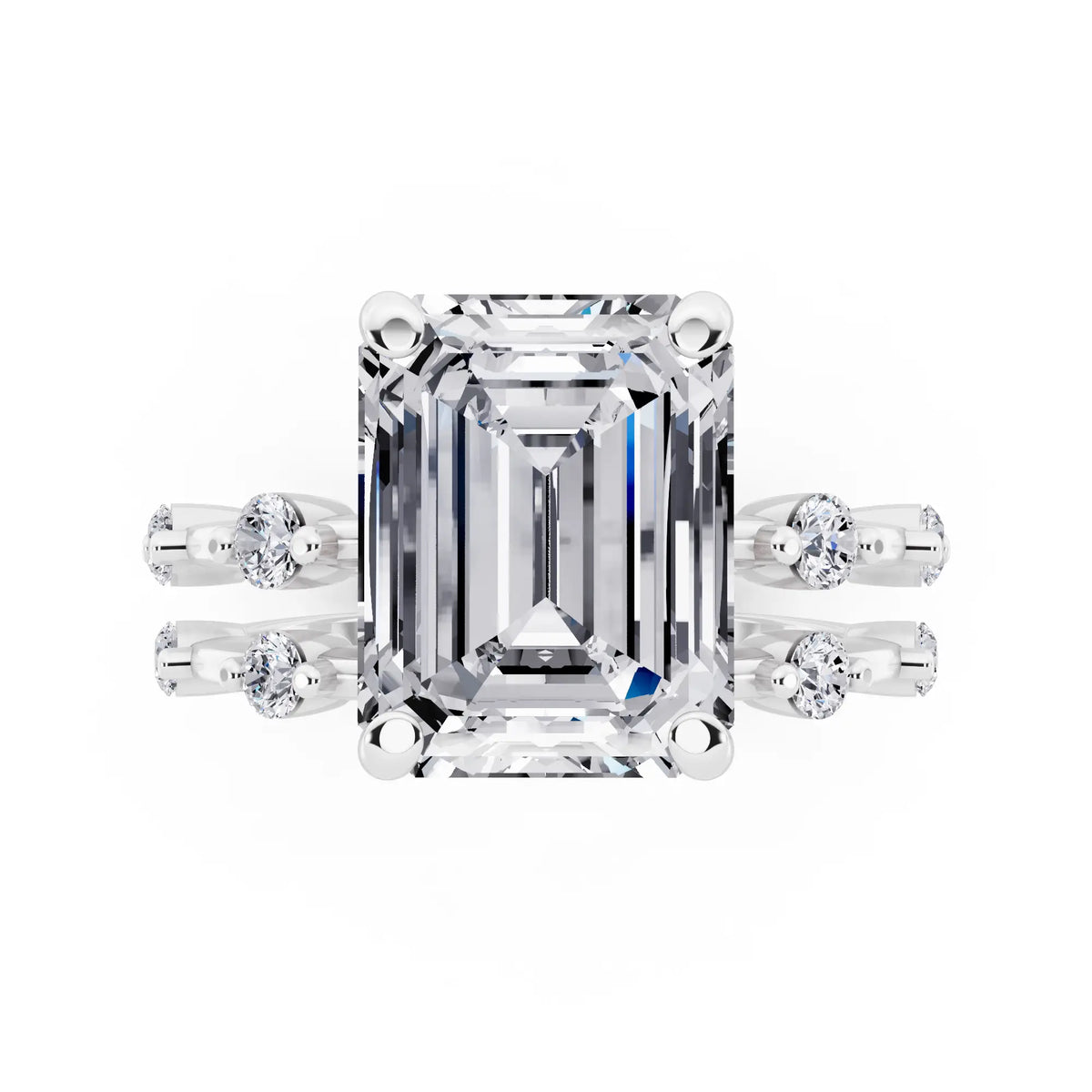 Platinum Emerald Cut Diamond Ring with Floating Accent Band - top angle