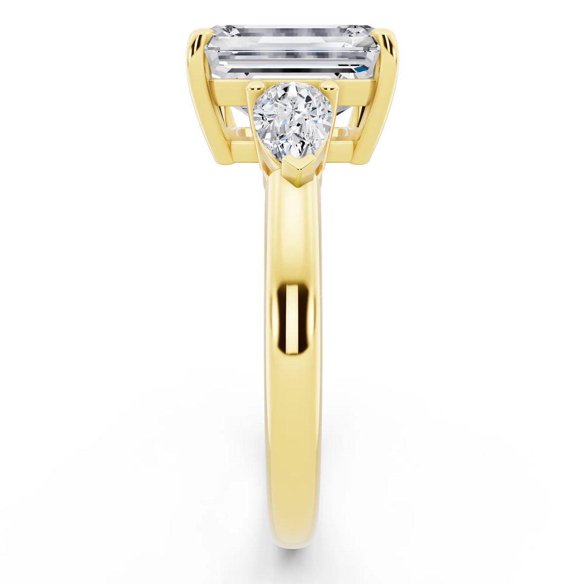 18 KT Yellow Gold Emerald Cut Diamond Three Stone Pear Accent Ring - side view