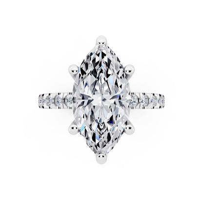 18 KT White Gold Marquise Cut Diamond Hidden Halo Ring with Pave Shank - top angle