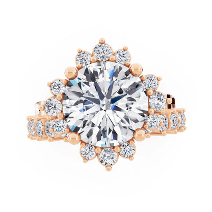 18 KT Rose Gold Round Cut Diamond Sunburst Halo Ring with Graduated Band - Top down