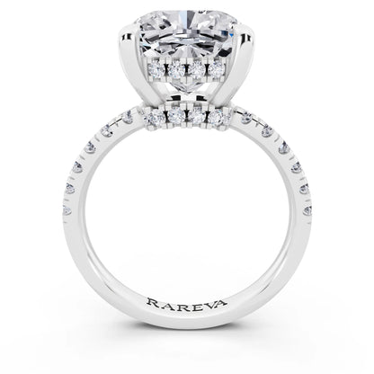 18 KT White Gold Cushion Cut Diamond Hidden Halo Tiger Prong Pave Band Ring - through finger