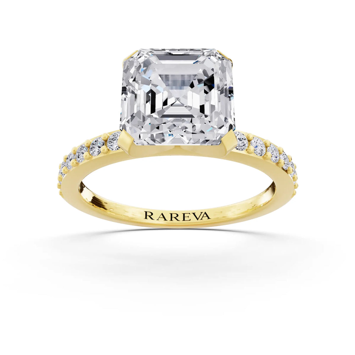 14 KT Yellow Gold Asscher Cut Diamond Solitaire Ring with Pave Shank - front view