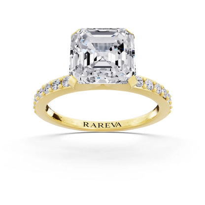 14 KT Yellow Gold Asscher Cut Diamond Solitaire Ring with Pave Shank - front view
