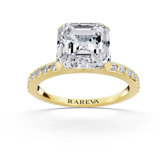 14 KT Yellow Gold Asscher Cut Diamond Solitaire Ring with Pave Shank - front view