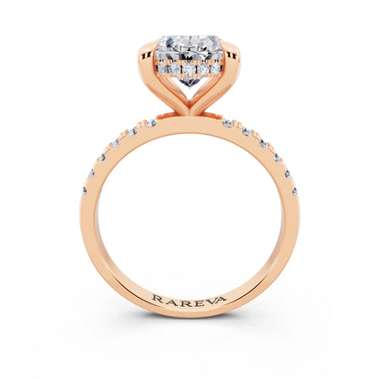 14 KT Rose Gold Oval Cut Diamond Solitaire Ring with Round Pavé Band and Prong Setting - through finger