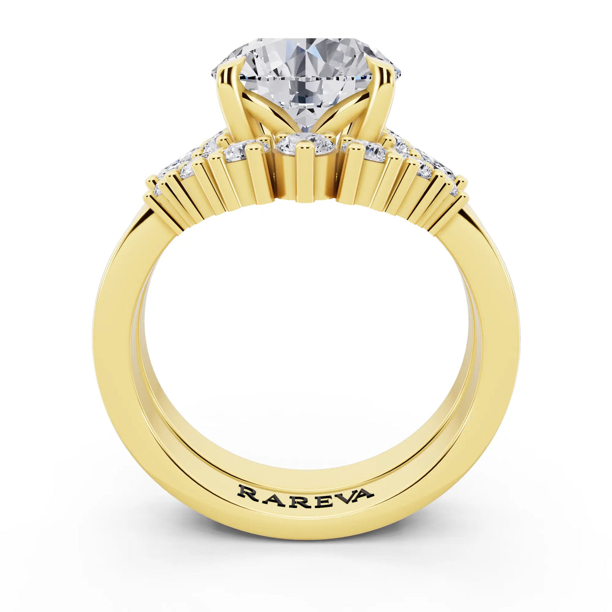 18 KT Yellow Gold Round Cut Diamond Ring with Curved Cluster Band - through finger
