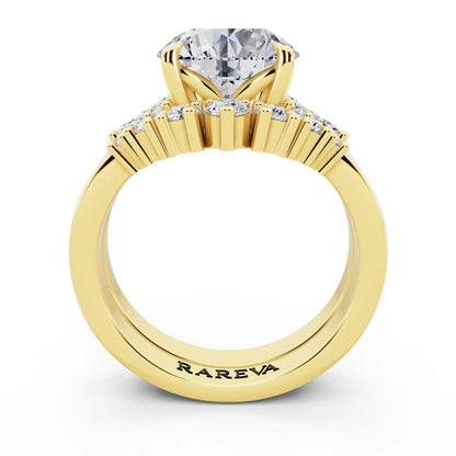 18 KT Yellow Gold Round Cut Diamond Ring with Curved Cluster Band - through finger