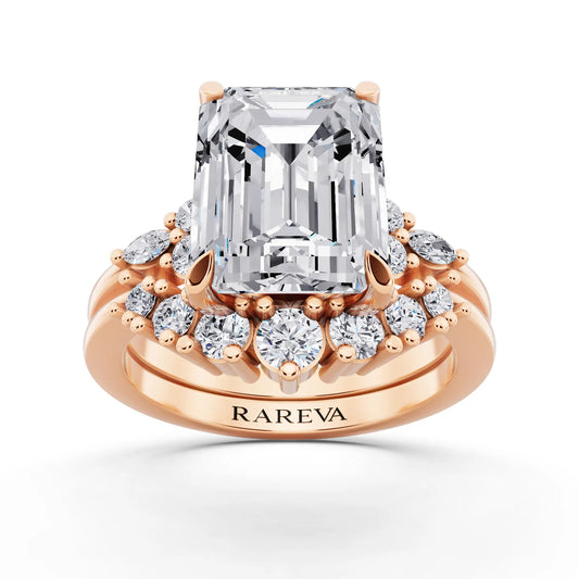 14 KT Rose Gold Emerald Cut Diamond Ring with Curved Cluster Band - front view