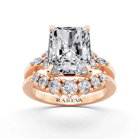 18 KT Rose Gold Radiant Cut Diamond Ring with Curved Cluster Band - front view
