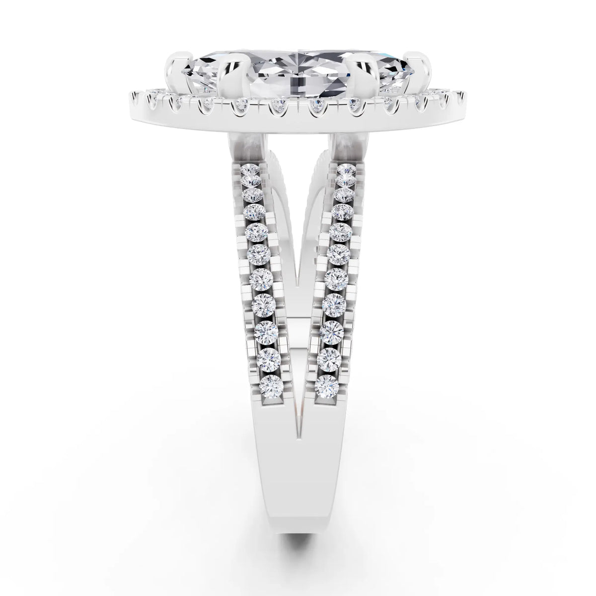 14 KT White Gold Marquise Cut Diamond Halo Ring with Pave Split Shank - side view