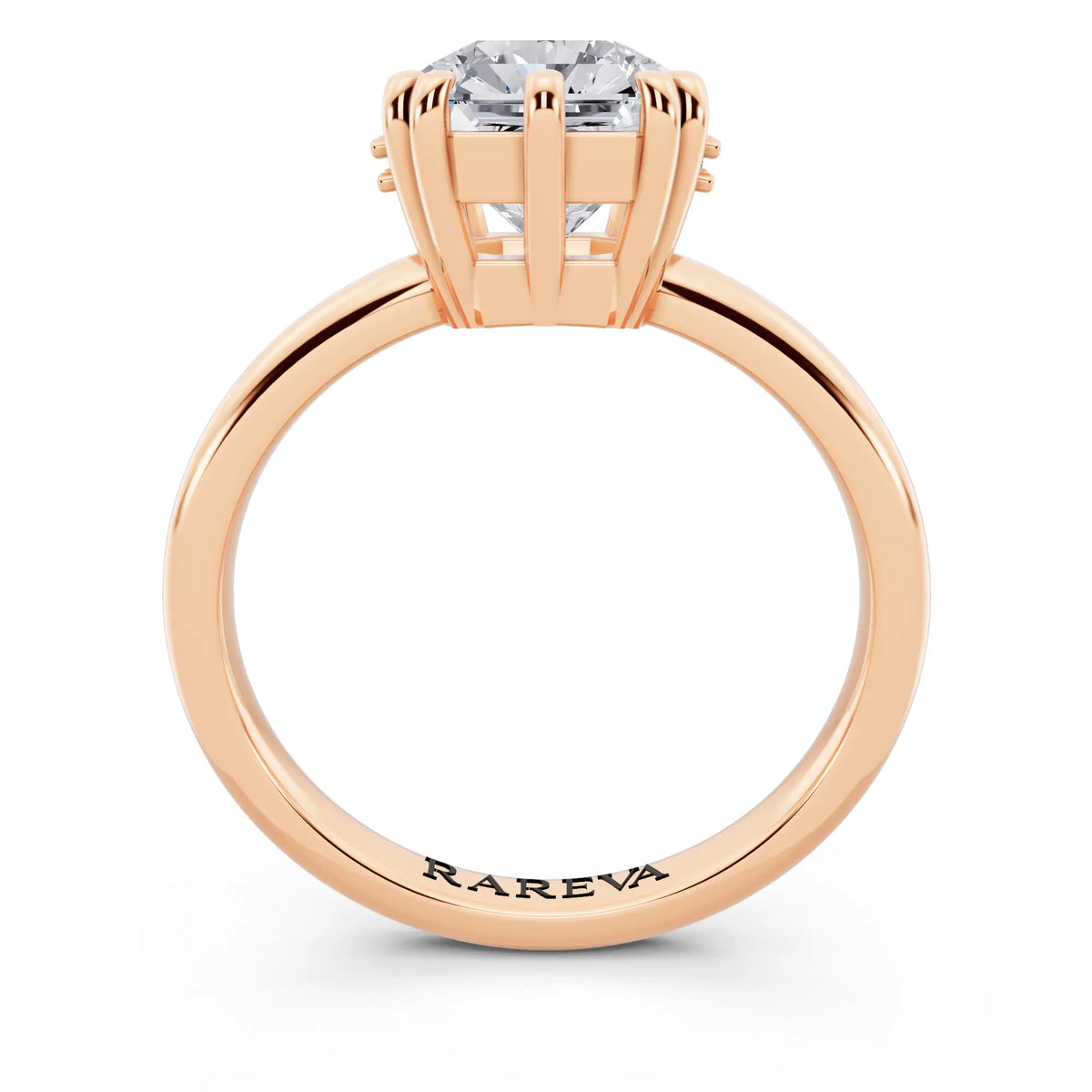 14 KT Rose Gold Asscher Cut Diamond Solitaire Ring with Hidden Accent Basket - through finger