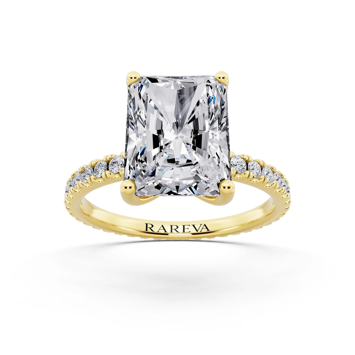 14 KT Yellow Gold Radiant Cut Diamond Solitaire Ring with Pave Eternity Band - front view