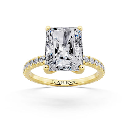 14 KT Yellow Gold Radiant Cut Diamond Solitaire Ring with Pave Eternity Band - front view