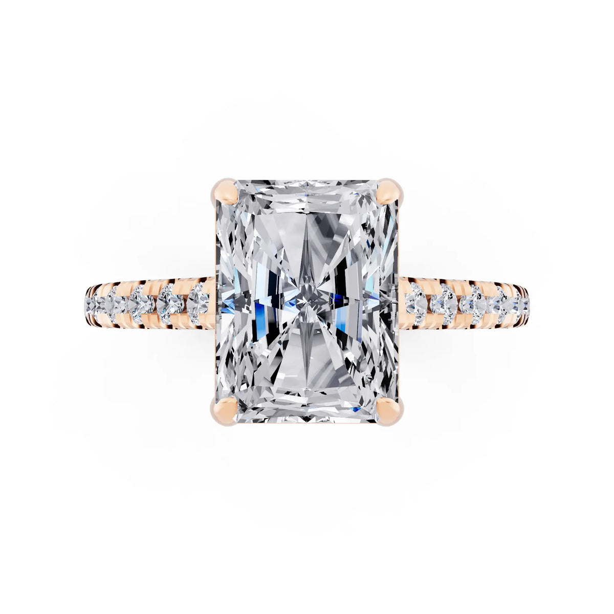 14 KT Rose Gold Radiant Cut Diamond Claw Prong Solitaire Ring with French Pave Band - top angle