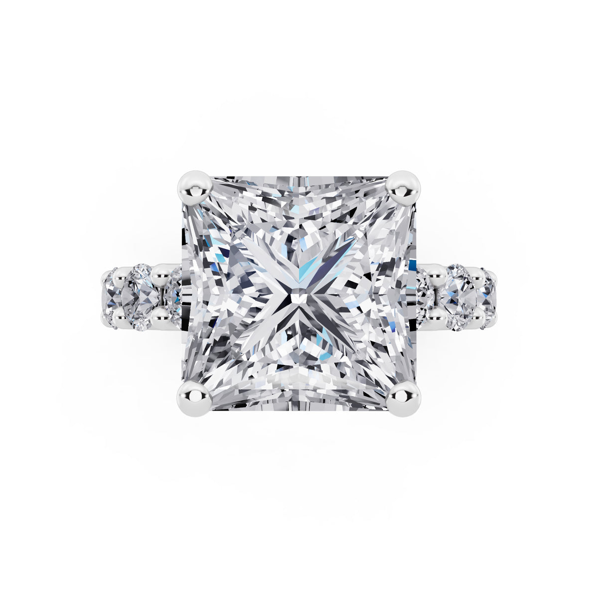 14 KT White Gold Princess Cut Diamond Ring with Shared Prong Eternity Band - top angle