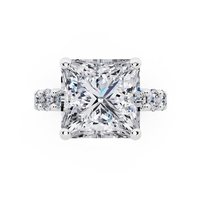14 KT White Gold Princess Cut Diamond Ring with Shared Prong Eternity Band - top angle