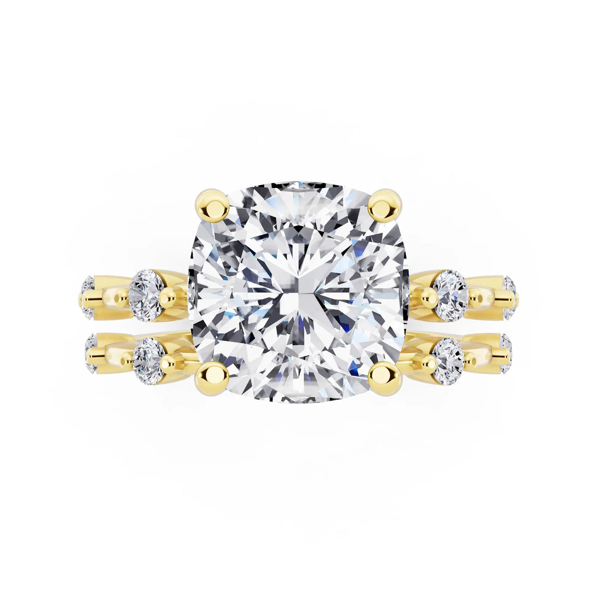 14 KT Yellow Gold Cushion Cut Diamond Ring with Floating Accent Band - top angle