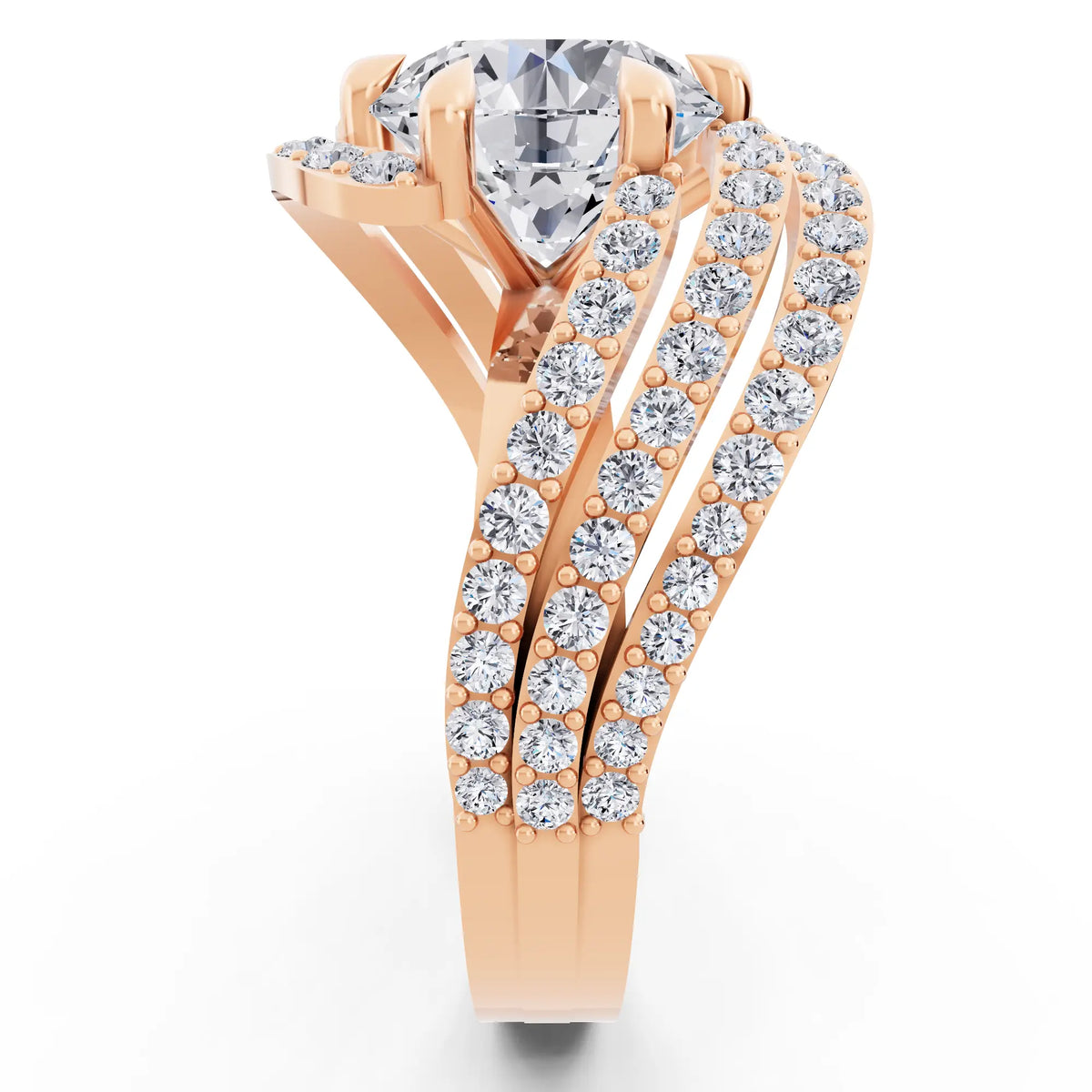 14 KT Rose Gold Round Cut Diamond Solitaire Ring with Swirl Pave Bands - Side view