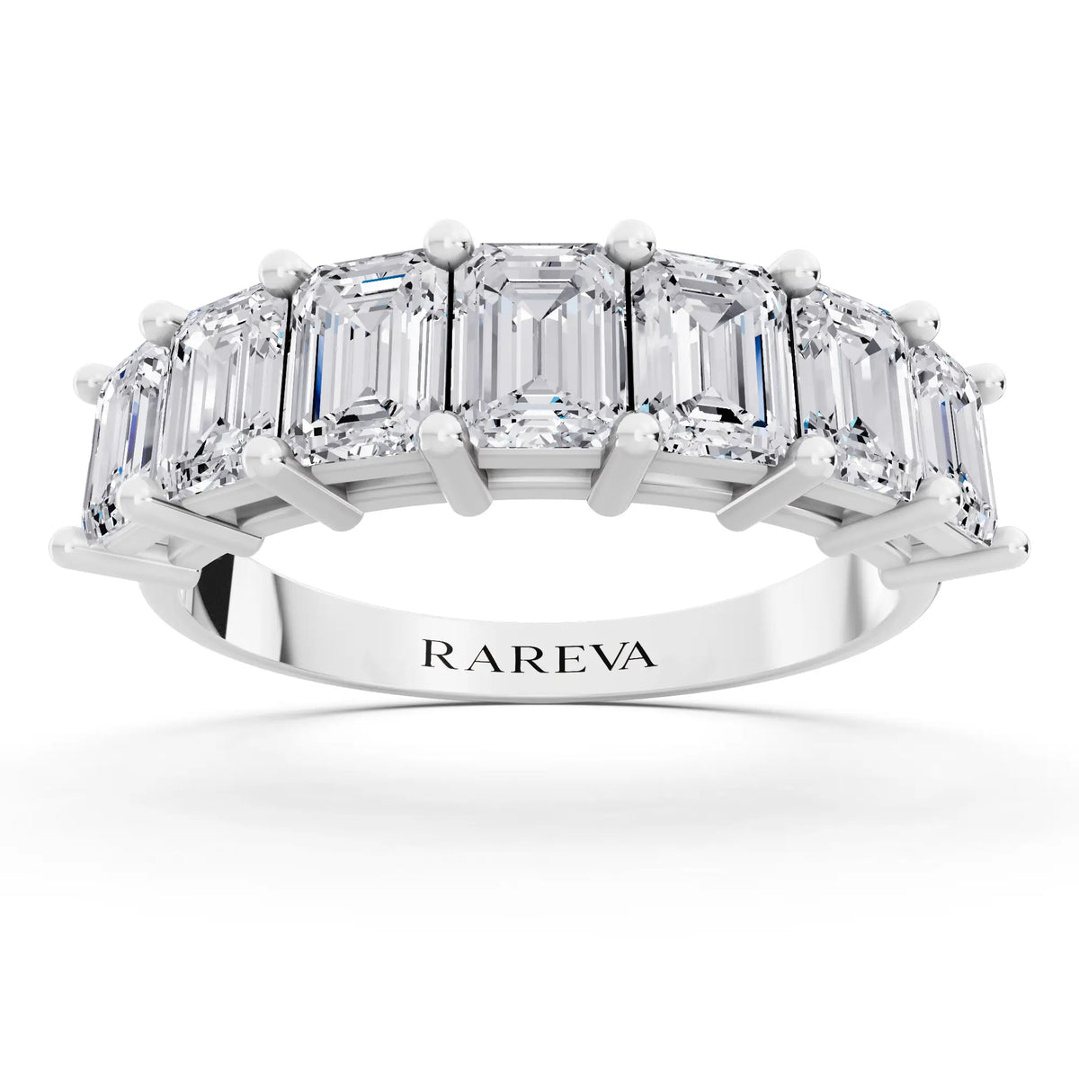 14K White Gold Seven Stone Emerald Cut Diamond Half Eternity Wedding Band - 2mm - Front