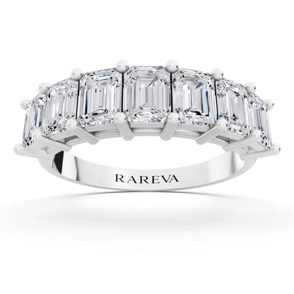 14K White Gold Seven Stone Emerald Cut Diamond Half Eternity Wedding Band - 2mm - Front