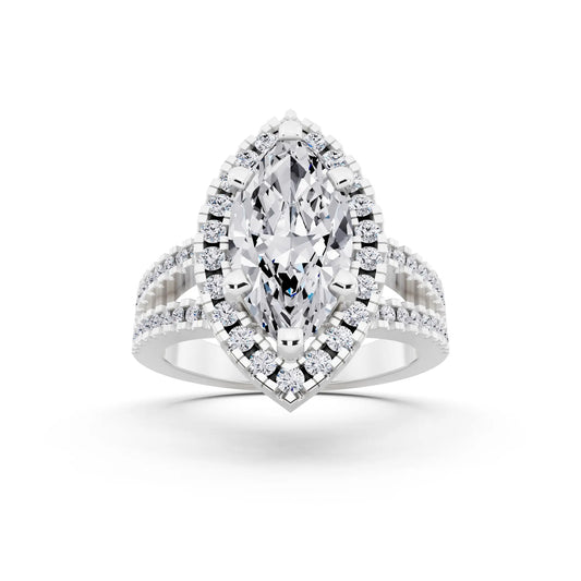 18 KT White Gold Marquise Cut Diamond Halo Ring with Pave Split Shank - front view