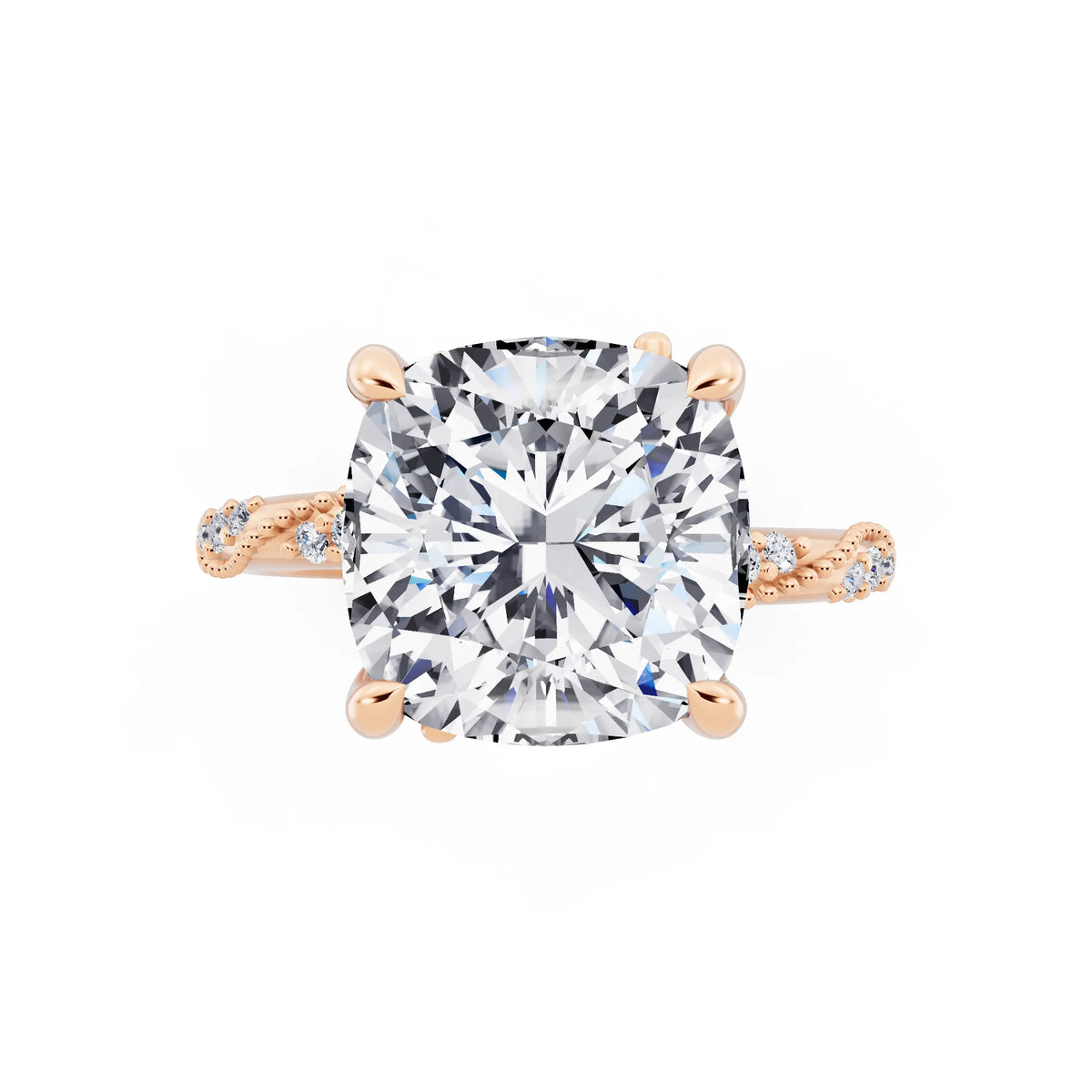 18 KT Rose Gold Cushion Cut Diamond Ring with Marquise Accent - top angle