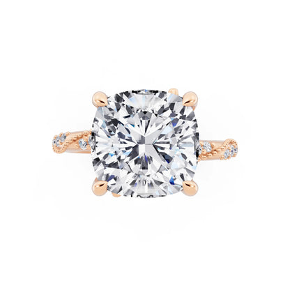 18 KT Rose Gold Cushion Cut Diamond Ring with Marquise Accent - top angle
