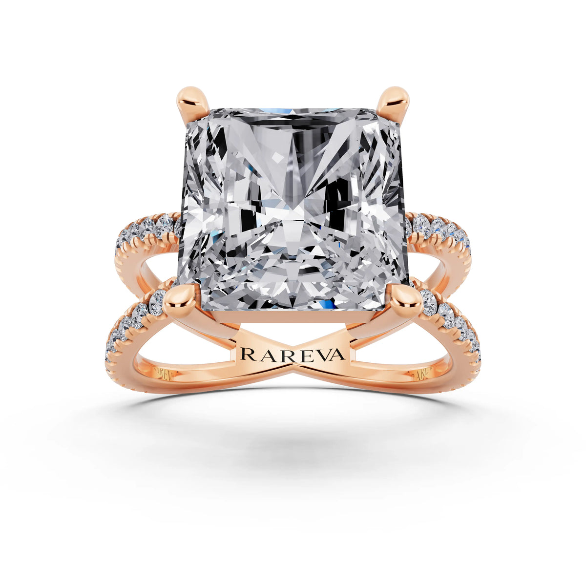 18 KT Rose Gold Radiant Cut Diamond Ring with Twisted Split Shank - front view