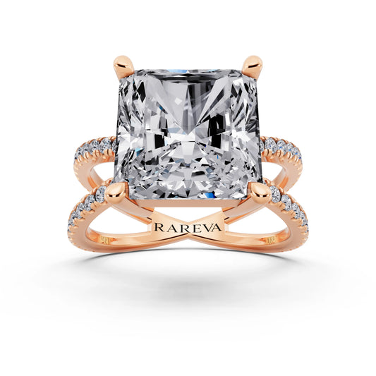 18 KT Rose Gold Radiant Cut Diamond Ring with Twisted Split Shank - front view